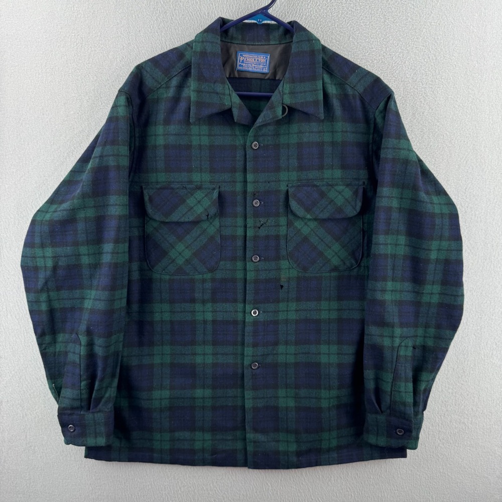 Vintage 60s Pendleton Board Shirt Mens Large Blackwatch Plaid Wool USA HOLES